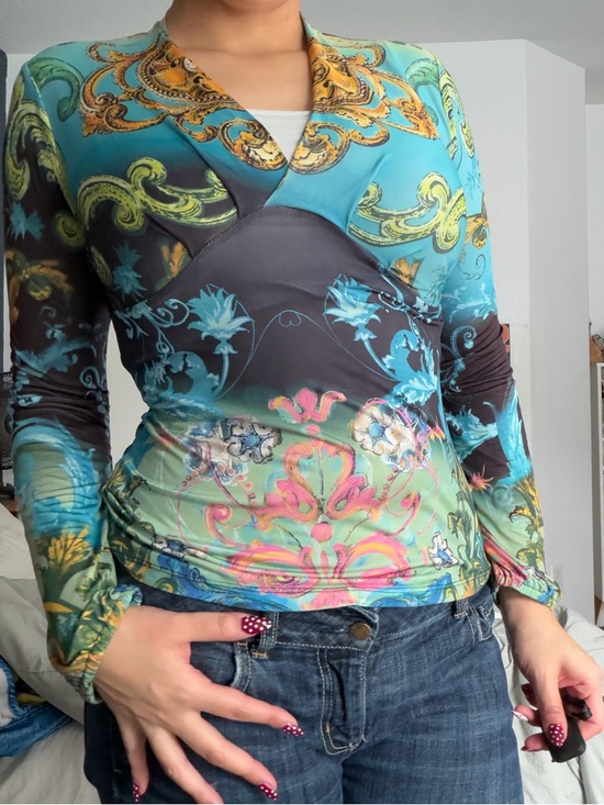 Alfani Tops - Alfani Long-Sleeve V-Neck Top in Teal, Turquoise, Pink and Gold Baroque Print